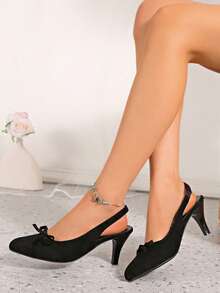 French Style Pointed Toe Slingback High Heel Shoes For Women, Suede Bow Thin Heel Low Vamp Elegant Commuter Sandals - Black - View 3