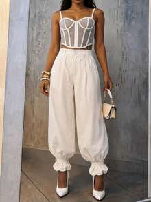 Fashion Women's Long Polyester Wide Leg Joggers With Button And Zipper Details, Suitable For Holiday Wear - Apricot - View 5