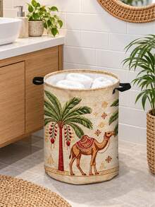 Decorative Bohemian Style Laundry Basket, Round Laundry Basket, Craft And Sewing Supplies Storage, Camel And Date Palm Tree Pattern - Suitable For Bathroom Storage, Bedside Storage With Sturdy Handles, Storage Basket For Room Decor, 2D Flat Laundry Basket - Multicolor - View 7