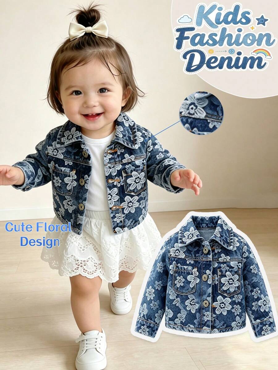 Baby Girls Spring Fall Floral Print Denim Jacket Denim Top Denim Outerwear Button Front Long Sleeve Pockets Casual All Season Outdoor Wear - Blue - View 1