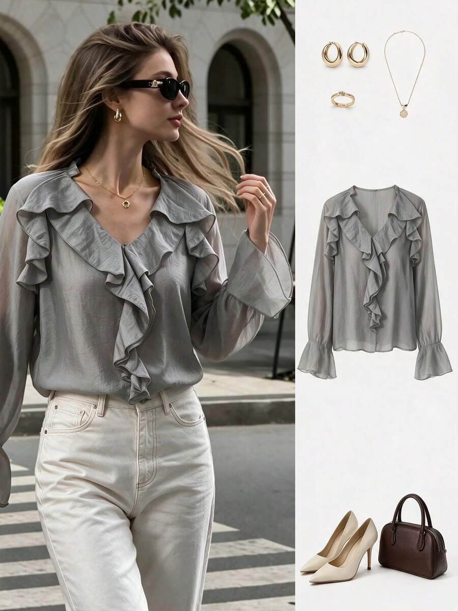 Women's Vintage V-Neck Ruffle Sleeve Blouse, Solid Color Semi-Sheer Woven Fabric Long Sleeve Top - Grey - View 1