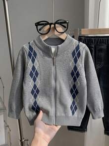 Boys' College Style Colorblock Plaid Cardigan Sweater, Suitable For School Daily Wear In Spring, Autumn And Winter - Grey - View 3