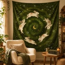 1PC Sky Rabbit Tapestry, Moon Star Rabbit Wall Hanging Decoration, Dark Green Cabin Style Room Decoration, Mysterious Forest Baby Room Bedroom Bohemian Style Wall Decoration - Multicolor - View 5