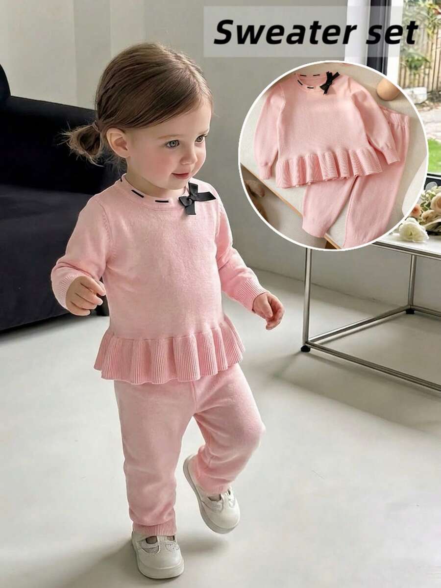 2pcs/Set Infant Girl Elegant Solid Color Bow Lace Round Neck Sweater Long Sleeve Knit Pullover And Minimalist Solid Color Knit Pants, Suitable For Daily Wear, Vacation, Casual, Spring, Autumn, Winter - Pink - View 1