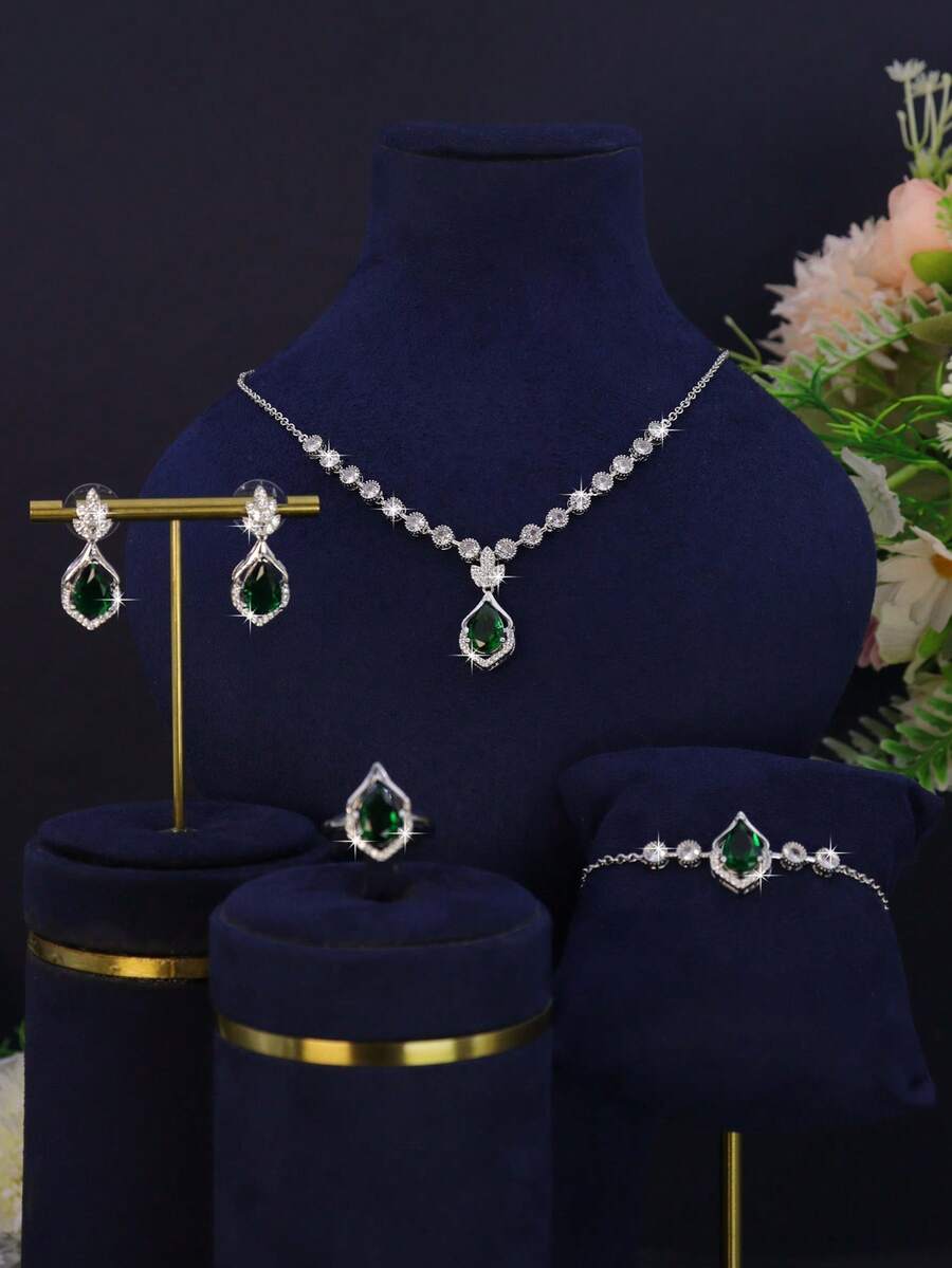 5pcs Geometric Design Women Jewelry Set Elegant Series Handmade Inlaid Green Cubic Zirconia Includes Necklace Bracelet Earrings Ring Set Suitable For Women Daily Wear And Dating