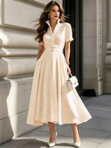 DONICY Women's Beige Polka Dot Lapel Short Sleeve Belted Mid-Length Dress, Elegant For Office And Casual Daily Wear - Apricot - View 1