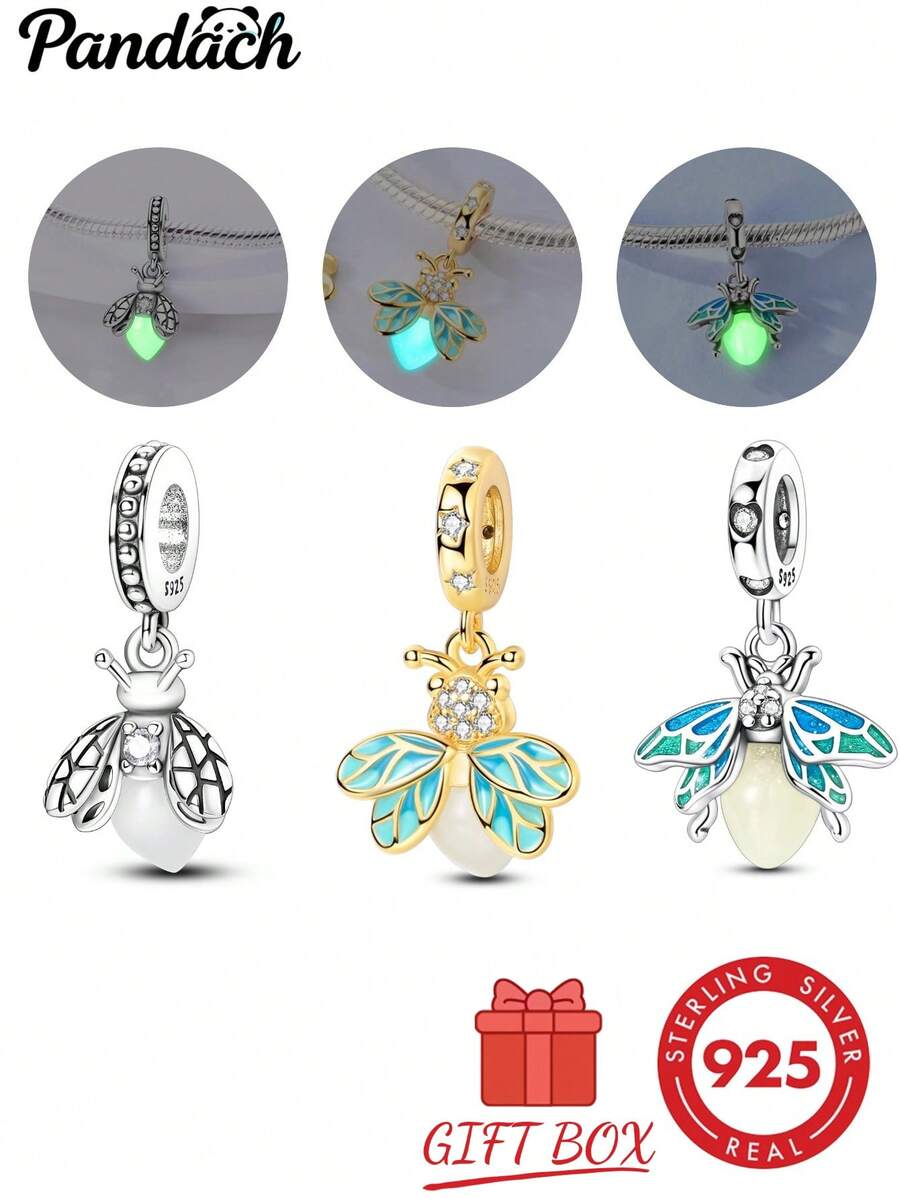 1pc S925 Sterling Silver Glow-In-The-Dark Firefly Pendant Bead, Dual-Color Hollow Enamel Wings With Rhinestone Inlay Design, Unique Luminous Texture In Dark, Comes With Gift Box, Fresh Mori Style, Suitable For Bracelets And Necklaces, Handmade DIY Beaded Accessory, Niche Creative Gift Item - Multicolor - View 1