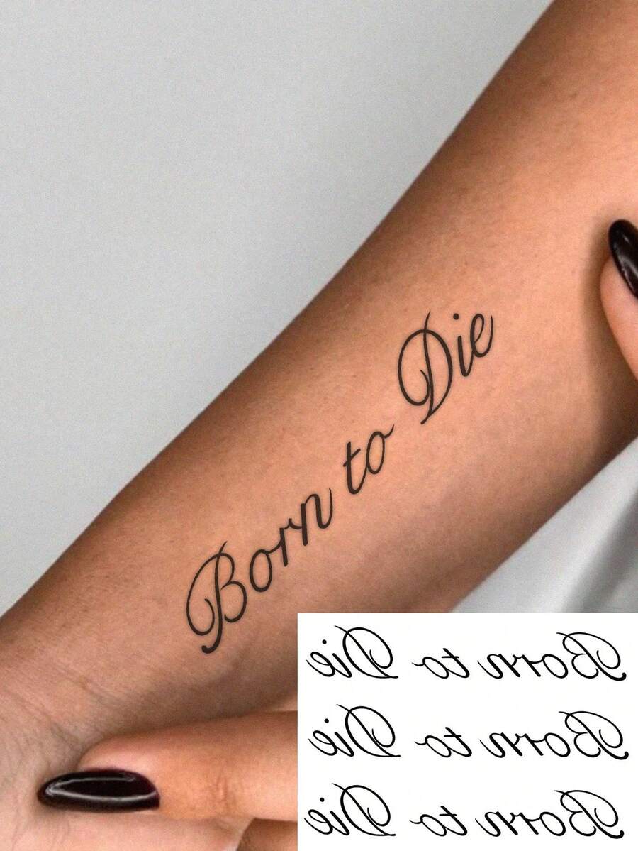 1 Sheet Fine Handwriting Text Temporary Tattoo, Smooth Swirl Cursive Letter Quote Fake Tattoo Sticker, Aesthetic Gothic Pattern For Wrist Rib Collarbone, Waterproof For Ladies - Black - View 1