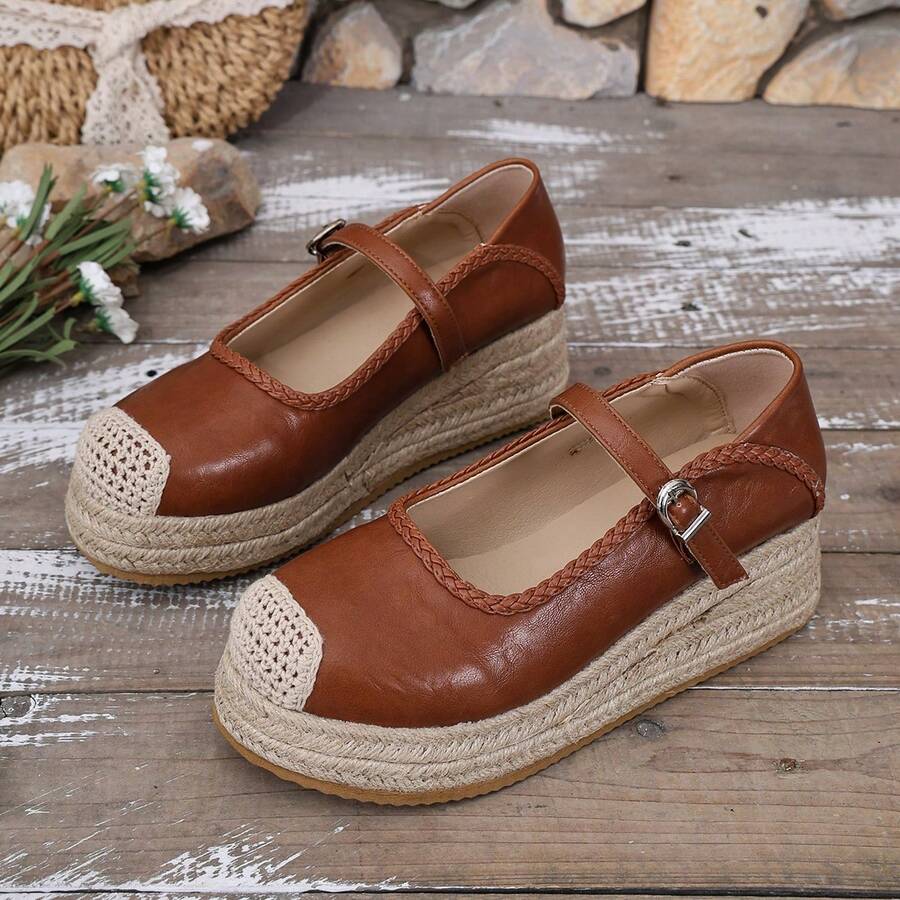 Women's Hemp Rope Woven Thick Sole Closed Toe Shoes With Buckle One-Strap Versatile Casual Shoes - Ginger - View 1