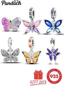 1pc S925 Sterling Silver Butterfly Pendant Bead, Multiple Gradient Colorful Enamel & Cubic Zirconia Butterfly Designs, Transparent Wings With Exquisite Rhinestones, Comes With Gift Box, Suitable For Bracelets & Necklaces, Romantic Girly Style, For Handmade DIY Jewelry Making & Daily Gift Wearing - Multicolor - View 12