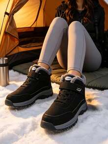 Women's Snow Boots, Thick Sole Hiking Boots, Fluffy Thermal Lining, Minimalist Solid Color, Unisex, Outdoor Cold-Resistant Warm Ankle Boots - Black - View 5