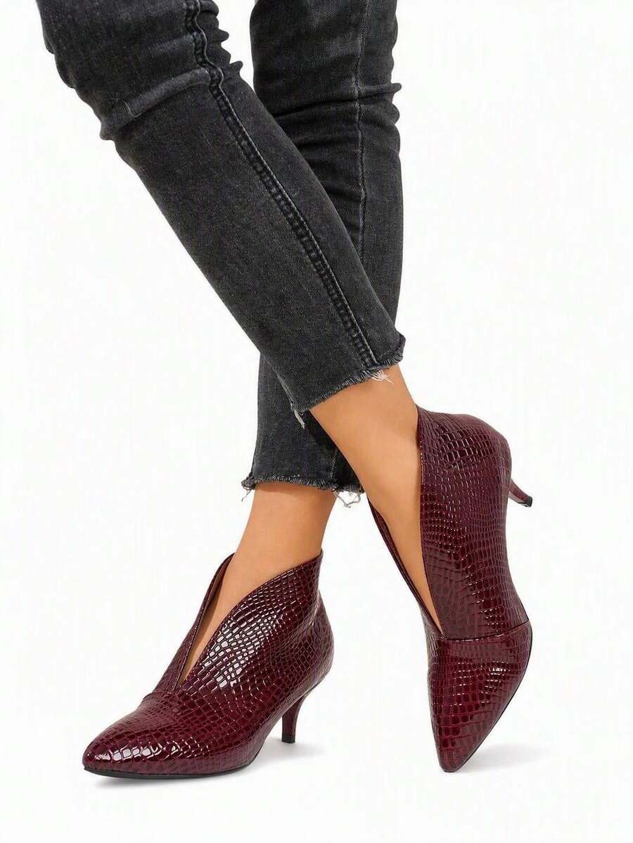TuEzra Fall/Winter New Pointed Toe V-Cut Ankle Boots For Women, Slim High Heel Versatile Boots, Skinny Ankle Boots - Burgundy - View 1