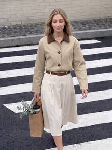 Autumn Outfit Khaki Jacket Colorblock Patchwork Fashion Casual Loose Outerwear - Khaki - View 4