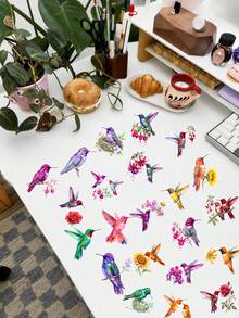 50pcs Watercolor Hummingbird PET Stickers, Cute Transparent Bird Floral Plant Stickers, Waterproof Decorative Stickers For Laptop, Water Bottle, Scrapbook, Nature Lover Gift - Multicolor - View 4