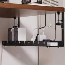 Drill-Free Desktop & Under-Desk Cable Management Tray, Home Storage Organizer Box - Perfect For Storing Wires, Power Strip Bracket, Comes With Zip Ties And Mounting Clips. Wall-Mounted Hidden Cable Channel Rack, Adjustable Length Cable Holder, Desktop Storage Rack, Router And Data Cable Bracket, Cable Management Box. Suitable For Home, Office, Desk, Bedroom And Living Room Use. - Black - View 1
