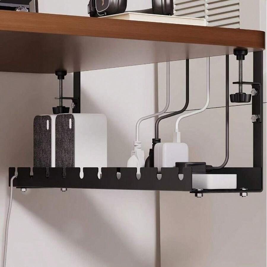 Drill-Free Desktop & Under-Desk Cable Management Tray, Home Storage Organizer Box - Perfect For Storing Wires, Power Strip Bracket, Comes With Zip Ties And Mounting Clips. Wall-Mounted Hidden Cable Channel Rack, Adjustable Length Cable Holder, Desktop Storage Rack, Router And Data Cable Bracket, Cable Management Box. Suitable For Home, Office, Desk, Bedroom And Living Room Use. - Black - View 1