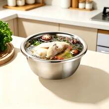 Large Capacity Deep Stainless Steel Dough Mixing Bowl, Material & Odorless, Thick Body Durable & Resistant To Deformation. Wide Smooth Rolled Edge, Comfortable Grip Without Scratching Hands, Deep Design Prevents Flour Spillage During Kneading And Fermentation, Also Suitable For Marinating Meat, Washing Fruits & Vegetables, Mixing Salads. Smooth Inner Wall Easy To Clean, Stackable Storage Saves Kitchen Space, Ideal For Home Baking Preparation And Multi-Purpose Kitchen Cooking. 1pc/3pcs - View 6