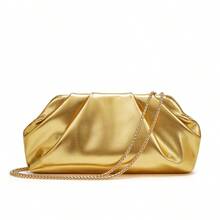 Women Metallic Ruched Clutch Purse, Detachable Chain Strap Cloud Shape Evening Bag, Elegant Wedding Party Shoulder Handbag - Gold - View 9