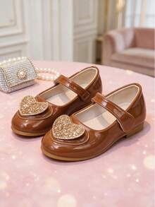 1 Pair Girls Brown Mary Jane Flat Shoes, Suitable For Spring Summer Autumn Winter Seasons, Decorated With Glitter And Heart Elements, Adjustable Hook & Loop Closure, Soft Sole, Princess Style, Suitable For School, Party, Daily Life, Play And Other Occasions - Brown - View 1