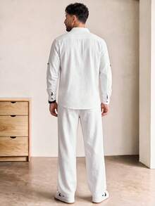Voidago Kolrap Men's 2-Piece Summer Outfit, Solid Color Vintage Regular Fit Long Sleeve Button-Up Stand Collar Shirt + Long Straight Leg Pants, - White - View 3