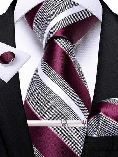 Business Commute Men's Tie 4-Piece Set Burgundy Base White Houndstooth Stripe Pocket Square Cufflinks Silver Tie Clip Formal Outfit Matching
