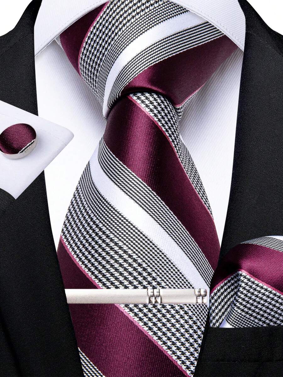 Business Commute Men's Tie 4-Piece Set Burgundy Base White Houndstooth Stripe Pocket Square Cufflinks Silver Tie Clip Formal Outfit Matching - Redwood - View 1