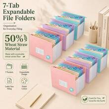 Organizador de archivos colgante expandible de paja de trigo, 7 bolsillos tipo acordeón, caja de almacenamiento de archivos expandible de 1.2 pulgadas, etiquetas multicolor, se ajusta al tamaño de carta de EE. UU. - 1 paquete (Rosa/Púrpura/Azul) - Multicolor - Ver 8