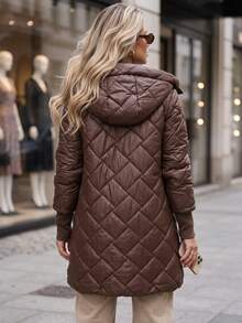 Women's Long Quilted Hooded Jacket Zip Front Diamond Stitch Ribbed Cuffs Regular Fit - Brown - View 3