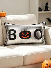 1 Stück minimalistisches schwarz-weiß gestreiftes Halloween BOO Kürbismuster Lendenkissen, Party-Heimdekoration Kissen, weich & bequem, Sofa Bett Kopfteil Feiertagsatmosphäre Kissenbezug, maschinenwaschbar, Kissenfüllung nicht enthalten - Schwarz - Übersicht 4