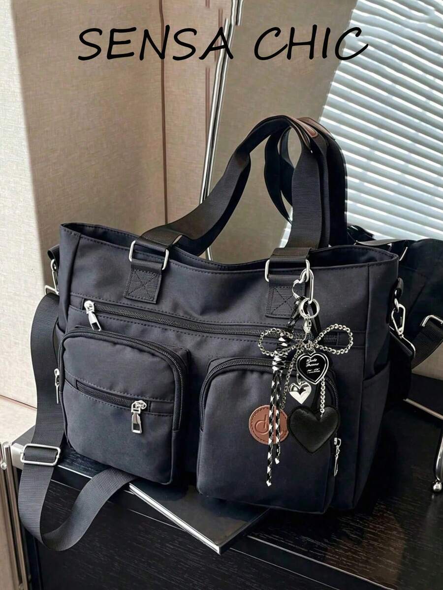 Tas Tote Tekstur Tahan Lama dengan Dua Gagang Jinjing dan Tali Lebar yang Dapat Disesuaikan, Penutup Ritsleting, Penyimpanan Multi-Kompartemen, Tas Selempang Bahu Travel Wanita Besar Gaya Korea Banyak Saku - Hitam - View 1