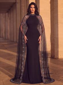 Elegant Mermaid Evening Gown With Sequin Cape Sleeves And Flared Hem, Fitted Bust Design, Suitable For Formal Weddings And Red Carpet Occasions - Black - View 2