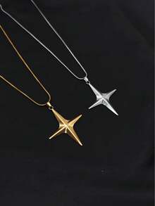 1pc Exaggerated Vintage Stainless Steel Gold-Plated Cross & Oversized Star Pendant Necklace, Unisex, Daily Wear, Couple Gift, Holiday Gift - Multicolor - View 5
