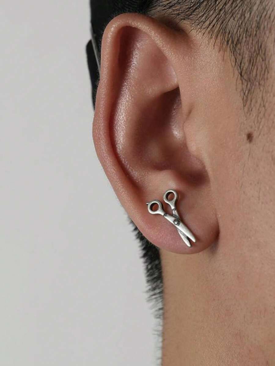 Scissors Stud Earrings Men Punk Hoop Earrings Vintage Internet Celebrity Ins Original Design Ear Jewelry - Antique Silver - View 1
