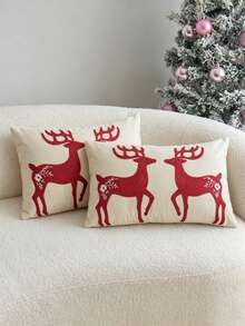 LCUHPCL Christmas Red Deer 3D Embroidered Waist Pillow Case 1pc And 2pcs, Beige Rectangular Cushion Cover, Sofa Bedroom Holiday Home Decor, 12*20 Inches - Multicolor - View 9