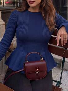 Women's Ribbed Knit Ruffle Trim Sweater, Long Sleeve Pullover, Medium Stretch Flared Hem, Suitable For Autumn/Winter Wear Fall - Navy Blue - View 3