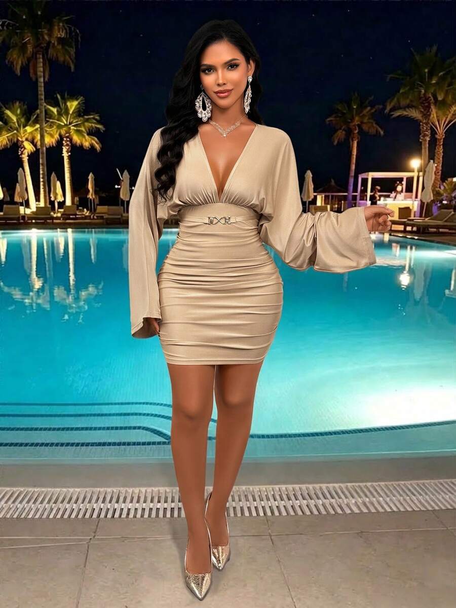 AIJ Women's Elegant Knitted Fitted Bodycon Short Dress, Deep V-Neck, Long Flared Sleeves, Ruched Chest Design, Khaki Color, Autumn Party Fashion Outfit - Light Khaki - View 1