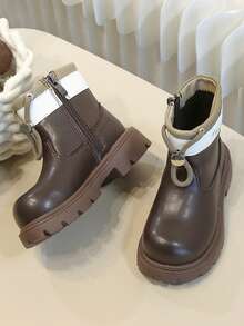 1 Pair New Children's Thick Sole Ankle Boots, Smooth Leather Lace-Up Design With Contrast Color Collar And Side Zipper - Brown - View 2