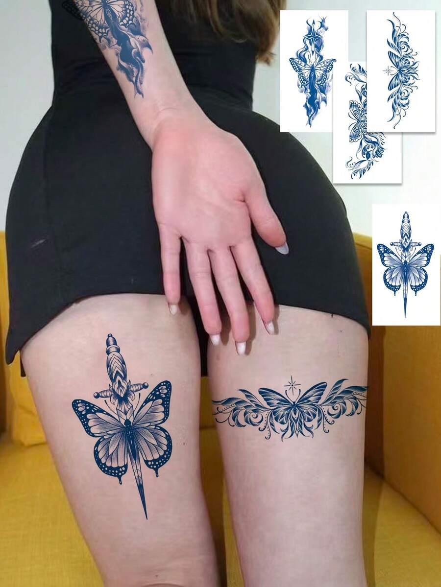4Pcs Herbal Temporary Tattoo Stickers, Butterfly & Pattern Body Art, Blue Ink Realistic Fake Tattoos For Waist, Thigh, Arm, Elegant Floral Swirl Design For Party And Daily Styling - Blue - View 1