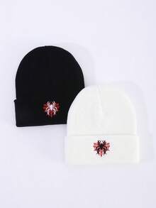 1pc Or 2pcs Women Embroidered Heart Spider Web Knit Beanie Hat, Brimless Cap Suitable For Halloween, Autumn/Winter Warmth, Daily Wear And Outfit Matching - A - View 6