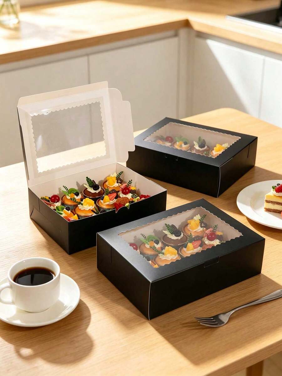 1/12pcs Black 12-Cupcake Paper Boxes With Clear View Window & Holder Insert, Foldable Muffin Dessert Gift Box For Home Baking, Birthday, Wedding Party - View 1