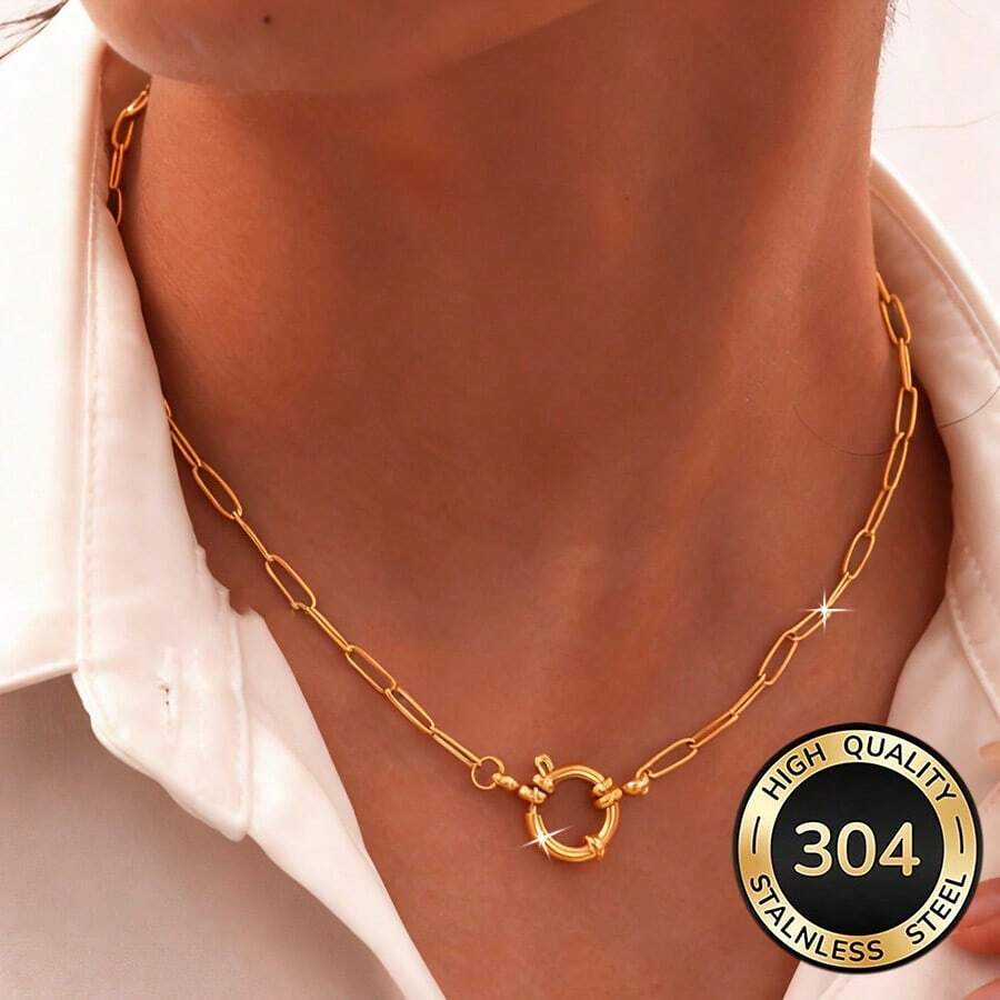 1pc Stainless Steel Paperclip Chain Necklace, Waterproof & Fade-Resistant Spring Clasp, Unisex Hip-Hop Punk Style Chain, Jewelry Pendant, Versatile Streetwear Accessory