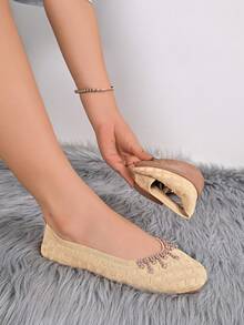 Women's Knit Mesh Slip-On Shoes, Rhinestone Tassel Decor On Toe, Foldable Soft Sole - Khaki - View 4