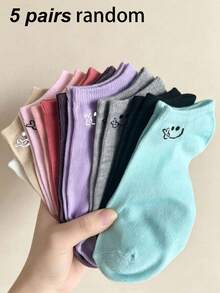 1/5/10 Pairs Women's Cartoon Pattern Solid Color Boat Socks, Comfortable Sweat-Absorbing Breathable Casual Socks, Suitable For Daily, Home, School Style, All Seasons - Multicolor - View 12