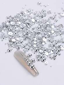 12-Grid Gold & Silver Pearl Nail Art Decor, Mixed Size Faux Pearl Half-Sphere Flat Back Nail Decorations, DIY Handmade Y2K Christmas Nail Accessories - Multicolor - View 8