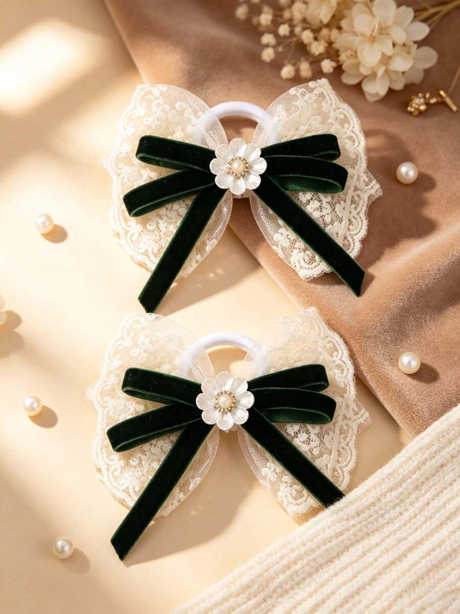 2PCS Fall Winter Dark Green Velvet Lace Bows For Girls Flower Pearl Decor Hair Ties Party Daily Hair Rings Kids Hair Accessories - Multicolor - View 1