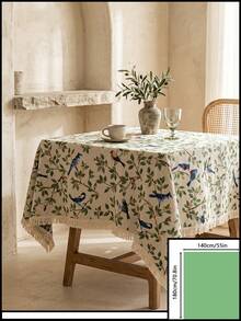 1pc Beige Base Green Branch & Blue Bird Print Tablecloth, French Fresh Style Linen Blend Fabric, Square Shape With Beige Tassel Edge Detail, Stain-Resistant Desktop Protector, Functional Dining Table Cloth Suitable For Daily Breakfast And Cozy Home Decor Scenes - Beige - View 15