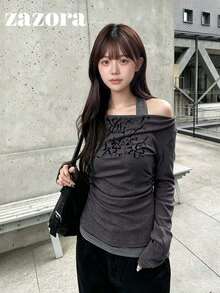 Korean Style Halter Neck Cold Shoulder Printed 2 In 1 Long Sleeve T-Shirt Top - Grey - View 8