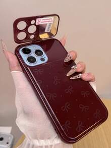 1pc Burgundy Bow Mirror Stand TPU Phone Case Compatible With IPhoneX XR XSMax 11 12 13 13Pro 13ProMax 14ProMax 14ProMax 15 15PRO 15PLUS 15PROMAX IPhone16 16Pro 16Plus 16Promax 17 17Pro 17Promax 17Air 18Pro 18PROMAX - Multicolor - View 3