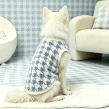 Houndstooth Pattern Large Dog Warm Vest, Single-Sided Fleece Design, Specially Designed For Medium And Large Dogs, Warm And Comfortable Pet Clothing, Decorated With White Soft Trim, Suitable For Medium And Large Dogs Winter Outdoor Wear - Dusty Blue - View 10