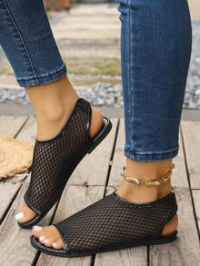 Women's Simple Mesh Breathable Peep Toe Sandals - Black - View 3